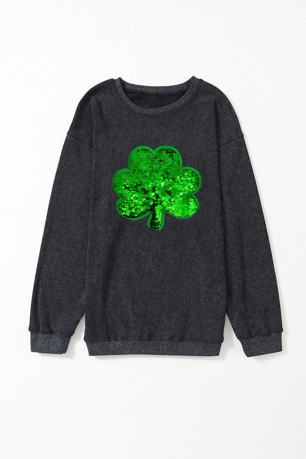 Black Sequin Embroidered Clover Corded Sweatshirt Graphic Sweatshirts JT's Designer Fashion