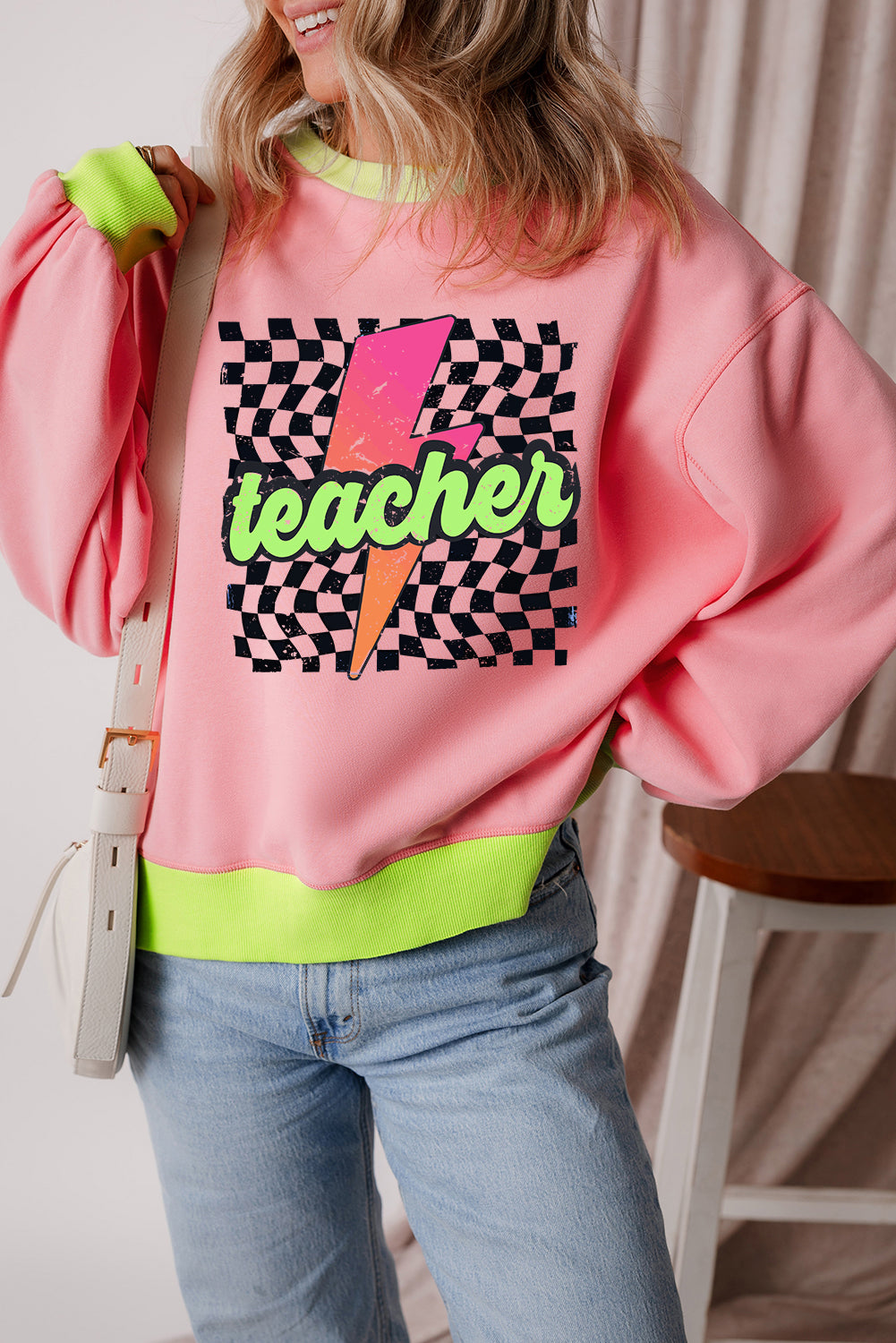 Pink Teacher Lightning Checkered Print Color Block Sweatshirt Graphic Sweatshirts JT's Designer Fashion