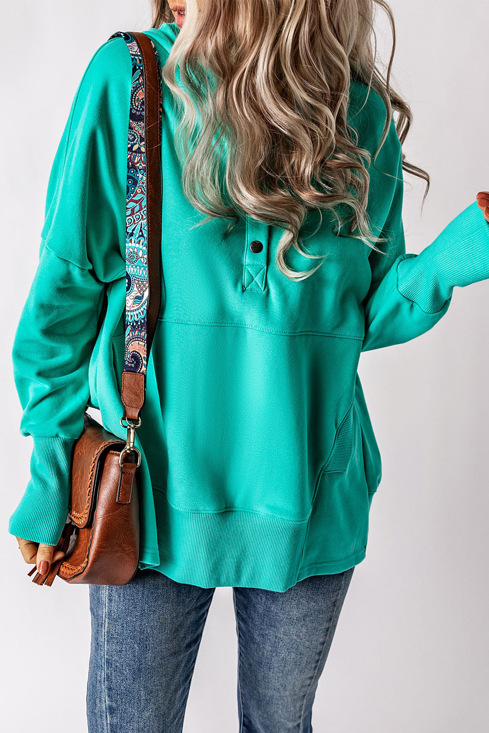 Turquoise Batwing Sleeve Pocketed Henley Hoodie Sweatshirts & Hoodies JT's Designer Fashion