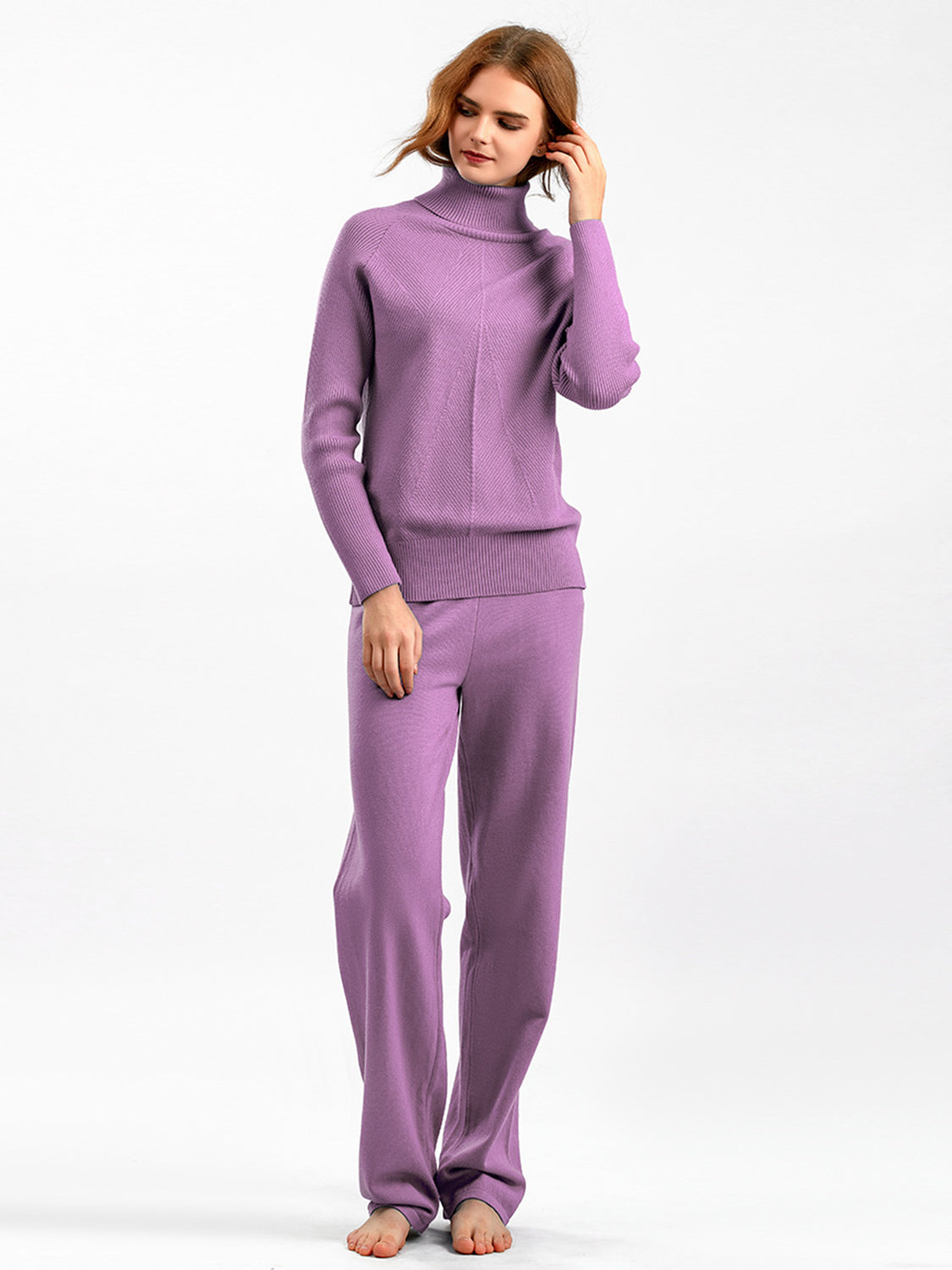 Turtleneck Raglan Sleeve Top and Pants Sweater Set Lilac One Size Pant Sets JT's Designer Fashion