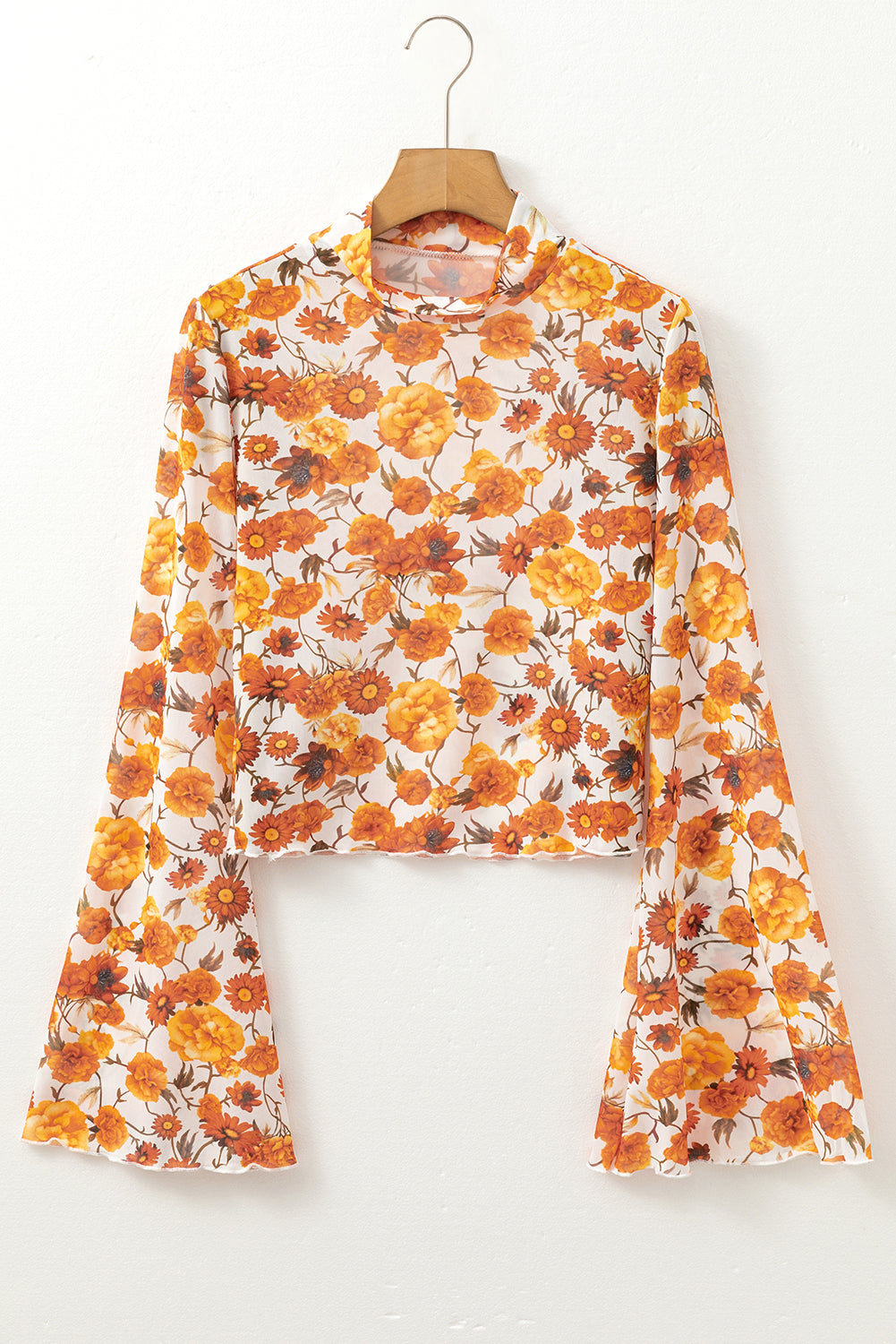 Orange Floral Printed Bell Sleeve Mock Neck Scallop Trim Blouse Blouses & Shirts JT's Designer Fashion