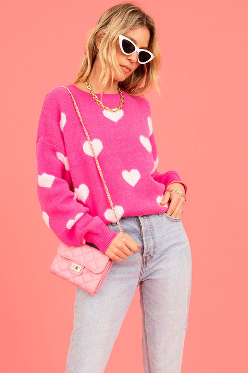 Bright Pink Fuzzy Valentine Hearts Drop Shoulder Sweater Sweaters & Cardigans JT's Designer Fashion