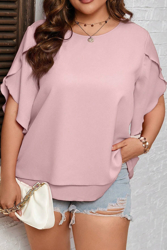 Light Pink Plus Size Frilly Overlap Sleeve Double Layered Blouse Plus Size JT's Designer Fashion