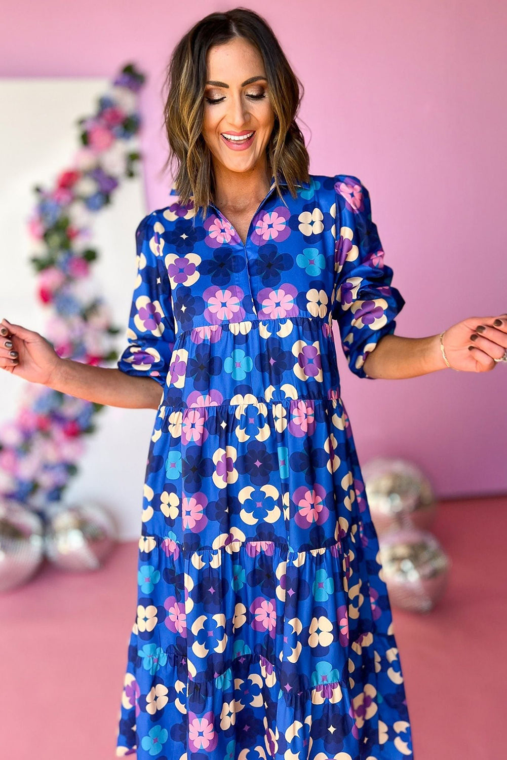 Blue Floral Peasant Sleeve Tiered Ruffle Midi Dress Midi Dresses JT's Designer Fashion