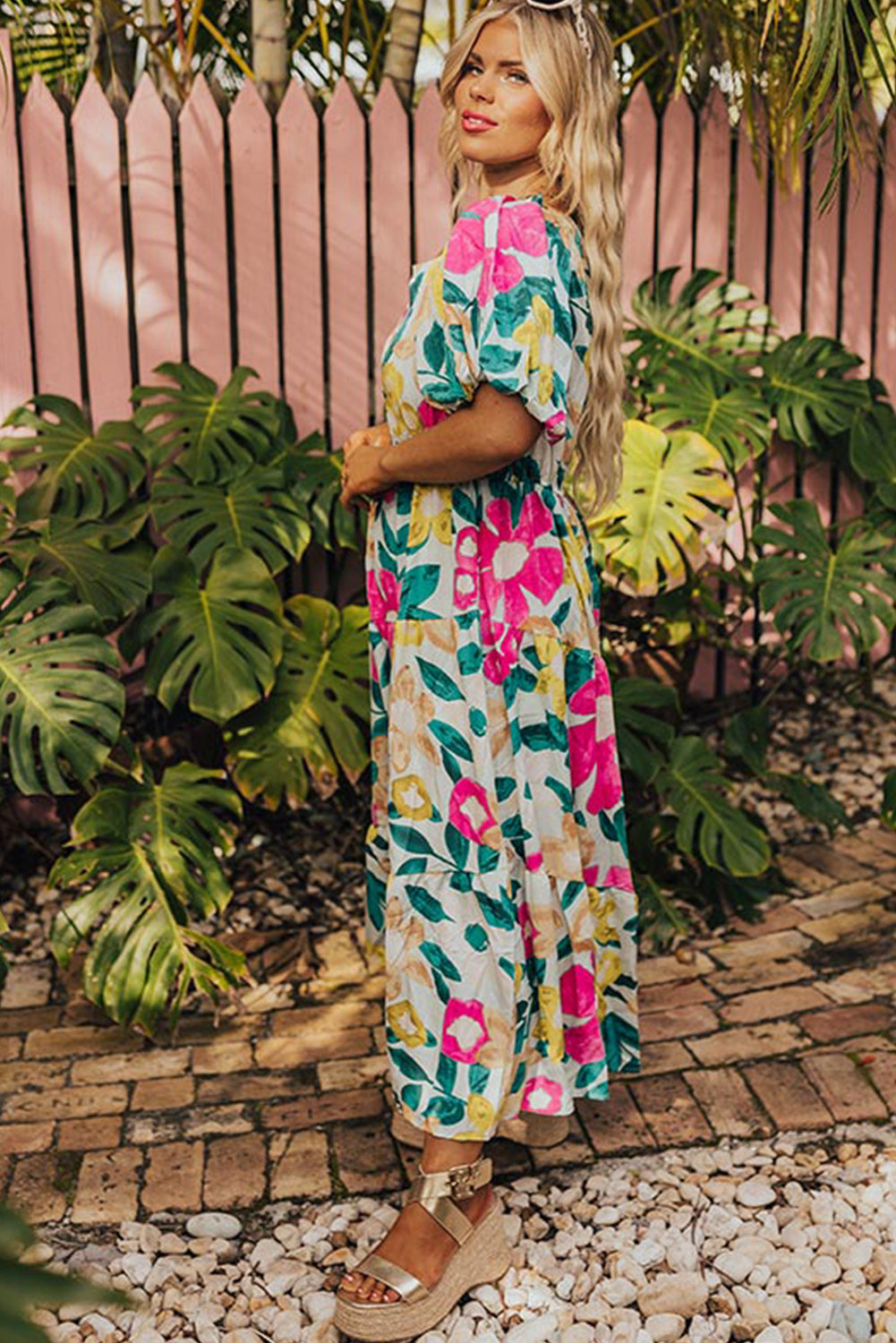 Multicolour Floral Puff Sleeve Notched Neck Plus Size Maxi Dress Plus Size JT's Designer Fashion