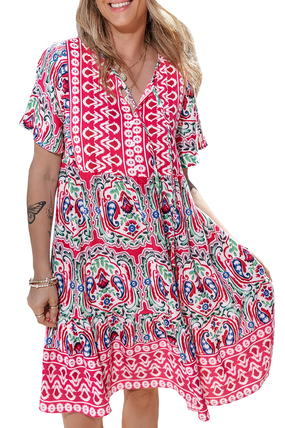 Pink Bohemian Print Tie Neck Ruffle Hem Short Dress Mini Dresses JT's Designer Fashion