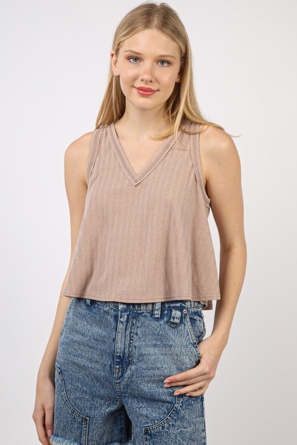 VERY J V-Neck Knit Swing Cropped Tank Taupe Tank Tops JT's Designer Fashion