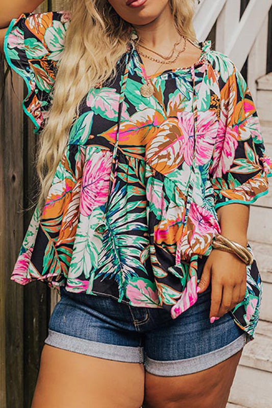 Black Tropical Print Frilly Tie Split Neck Plus Size Blouse Plus Size JT's Designer Fashion