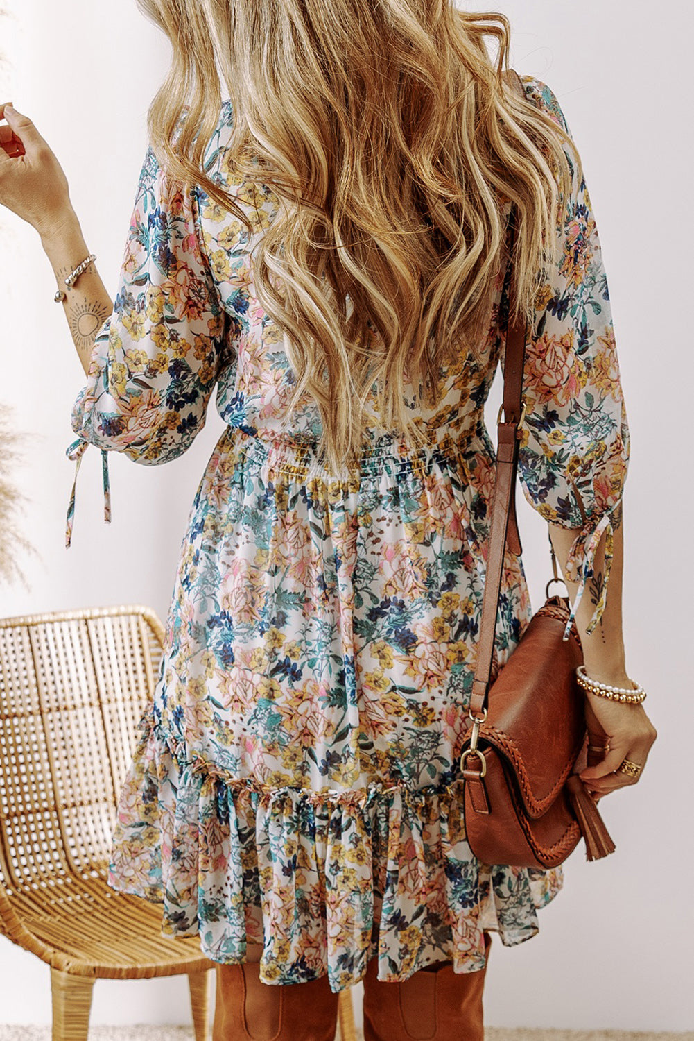 Sky Blue Floral 3/4 Sleeve V Neck High Waist Ruffled Dress Floral Dresses JT's Designer Fashion