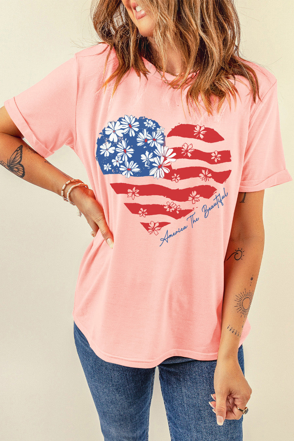 Pink Floral American Flag Heart Shape Graphic T Shirt Graphic Tees JT's Designer Fashion