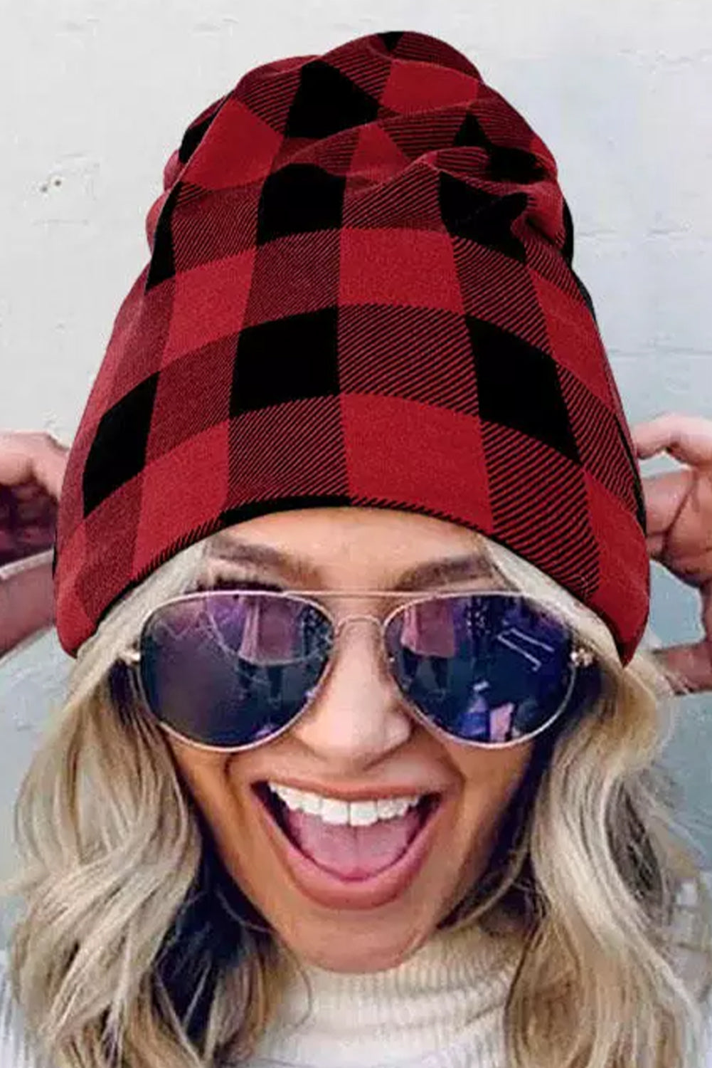 Red Plaid Print Slouch Beanie Hats & Caps JT's Designer Fashion