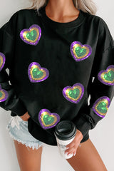 Black Mardi Gras Heart Print Crew Neck Sweatshirt Graphic Sweatshirts JT's Designer Fashion