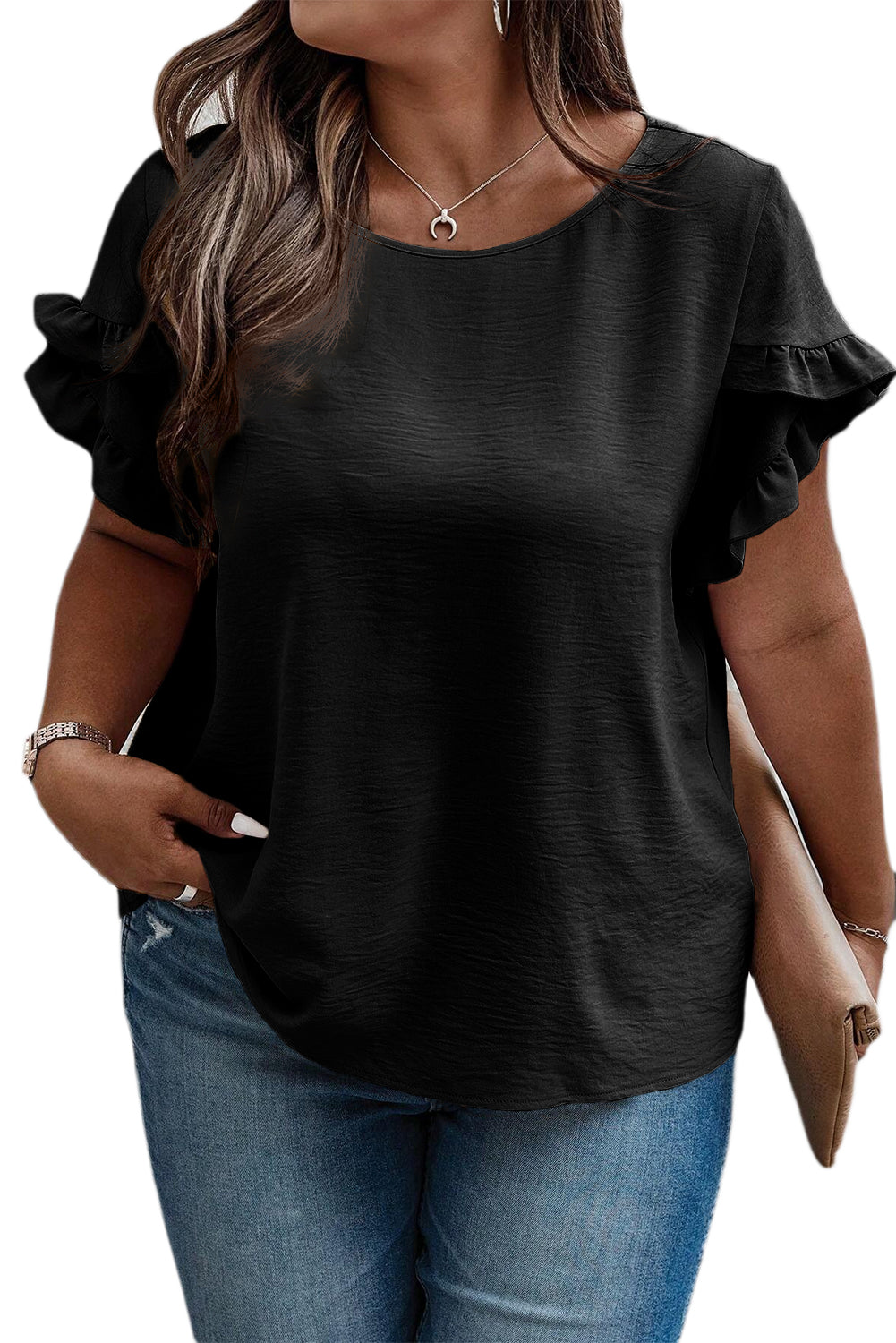 Black Ruffled Short Sleeve Plus Size Top Plus Size JT's Designer Fashion