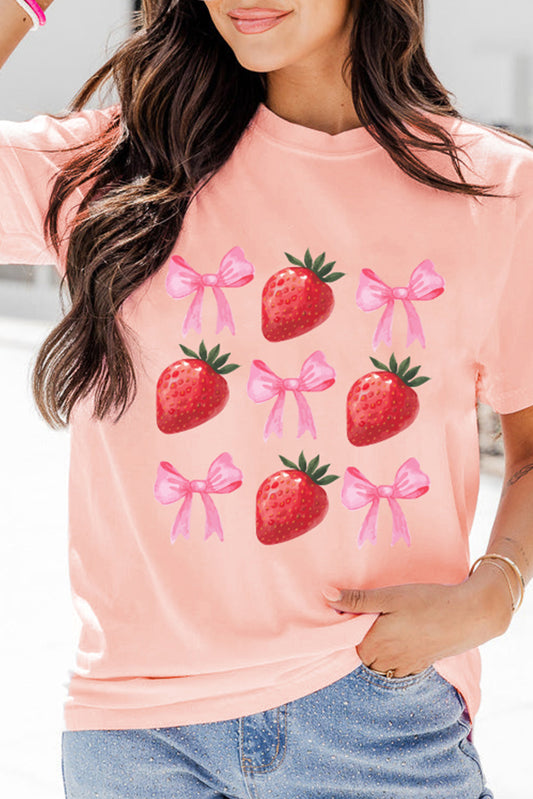 Pink Strawberry & Bowknot Graphic T Shirt Graphic Tees JT's Designer Fashion