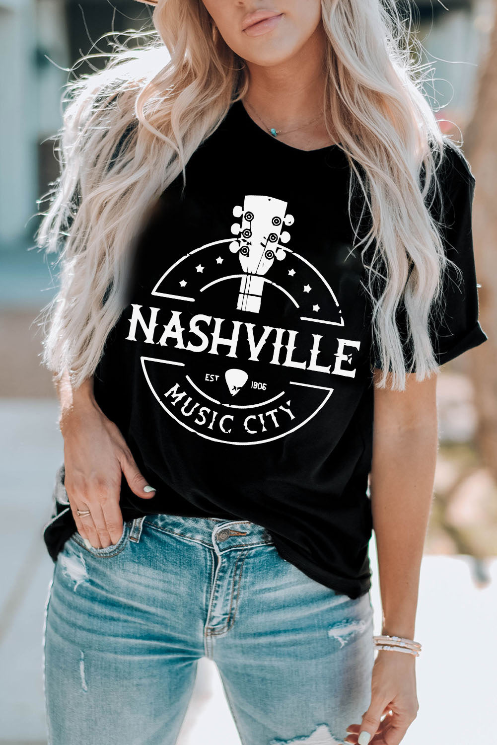 Black NASHVILLE MUSIC CITY Graphic Print Crew Neck T Shirt Graphic Tees JT's Designer Fashion