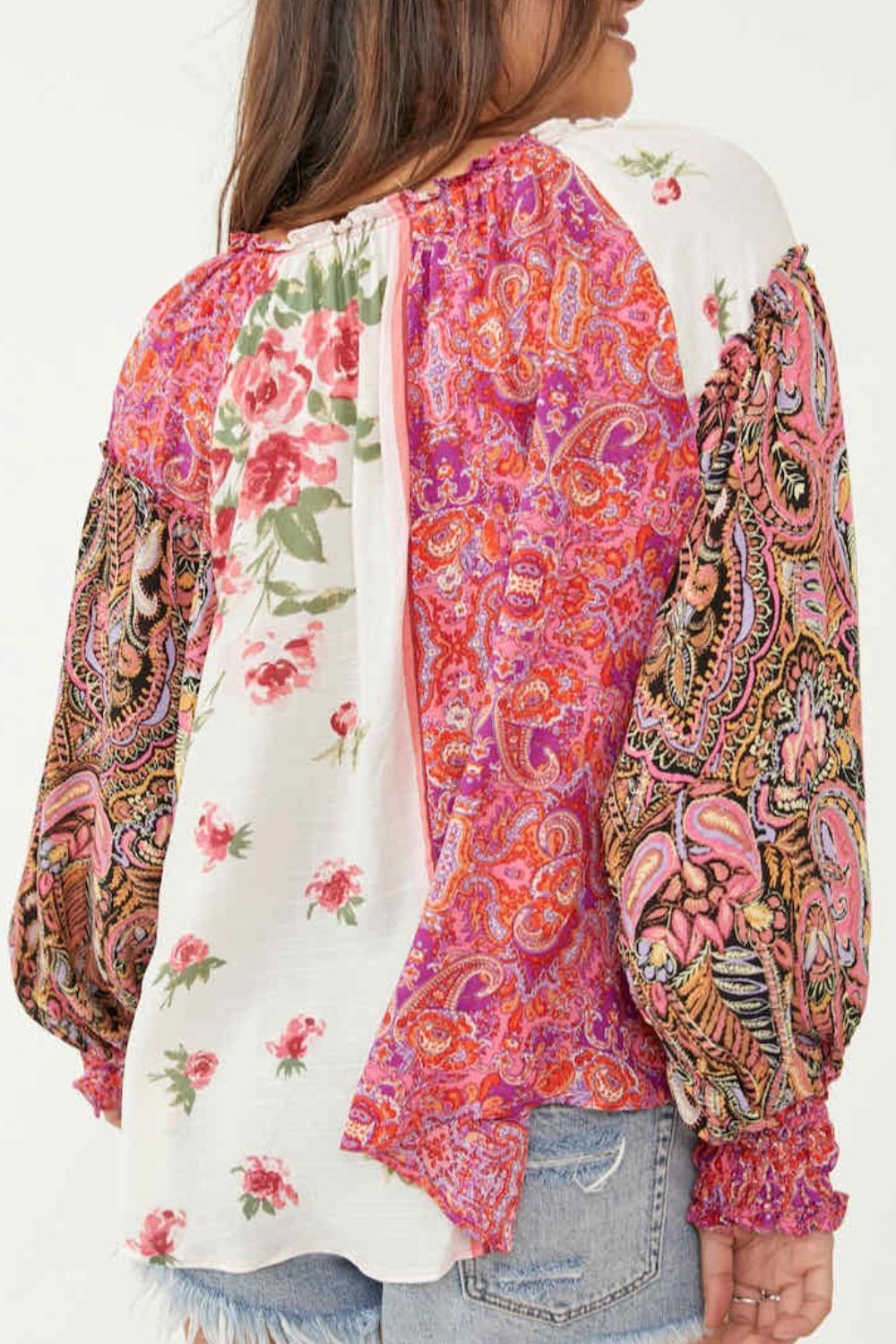 Frill Floral Shirred Cuff Long Sleeve Blouse Long Sleeve Tops JT's Designer Fashion