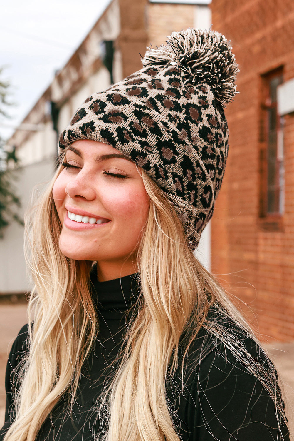 Brown Leopard Pattern Knit Pompom Hat Hats & Caps JT's Designer Fashion