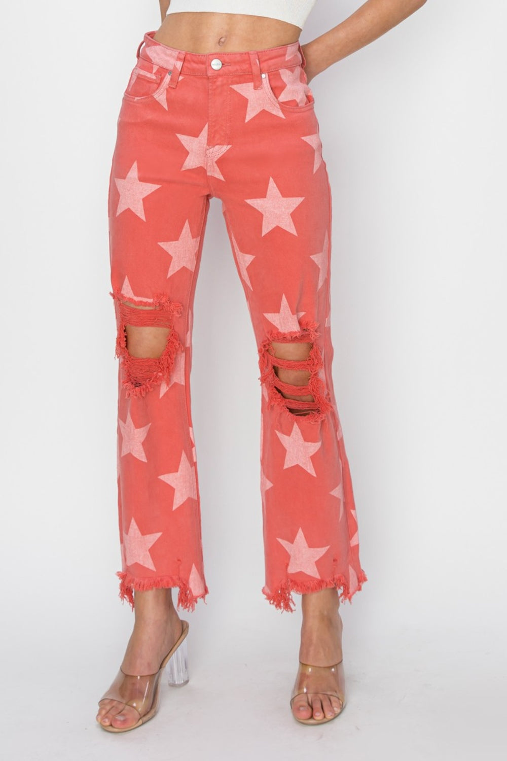 RISEN Full Size Distressed Raw Hem Star Pattern Jeans Peach Blossom Jeans JT's Designer Fashion