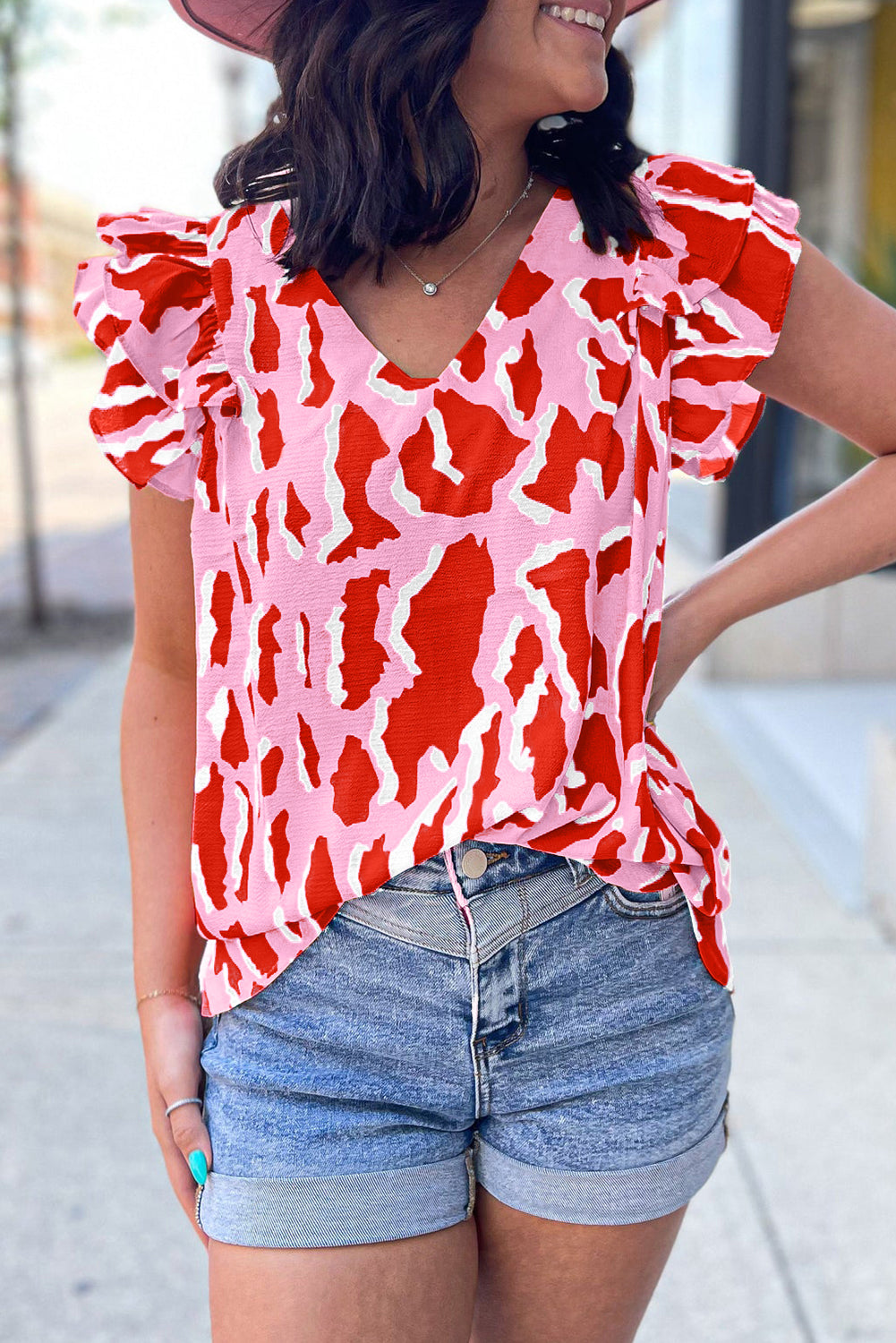 Pink Abstract Print V Neck Ruffled Sleeve Blouse Tops & Tees JT's Designer Fashion