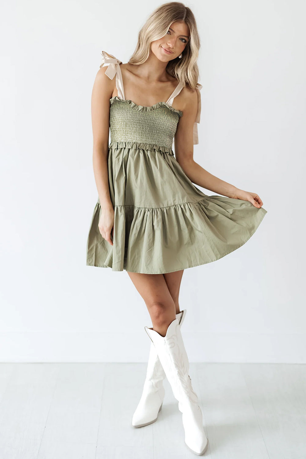 Laurel Green Smocked Bodice Self-tie Straps A-line Ruffled Mini Dress Mini Dresses JT's Designer Fashion