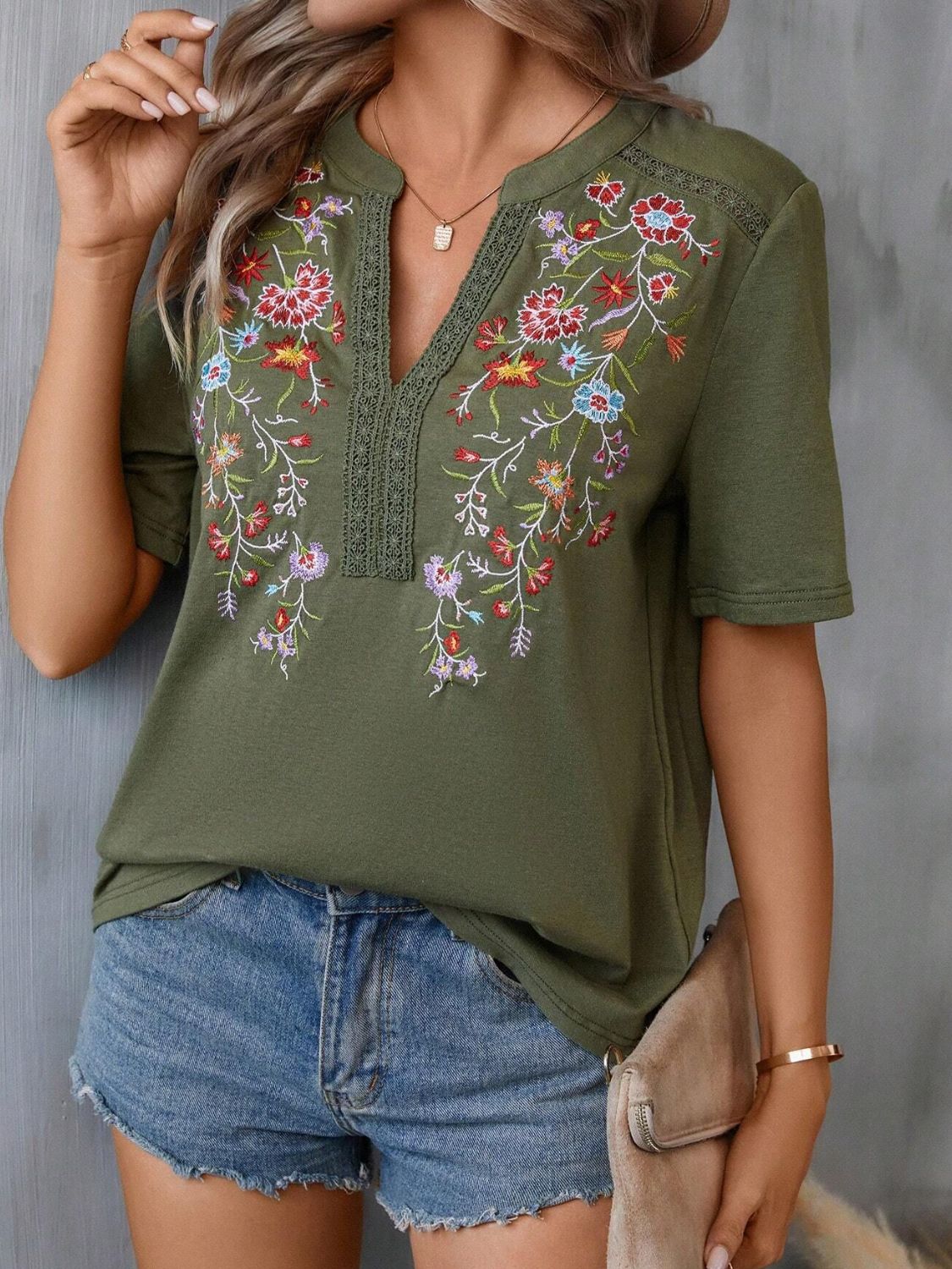 Embroidered Notched Short Sleeve T-Shirt Blouses & Shirts JT's Designer Fashion