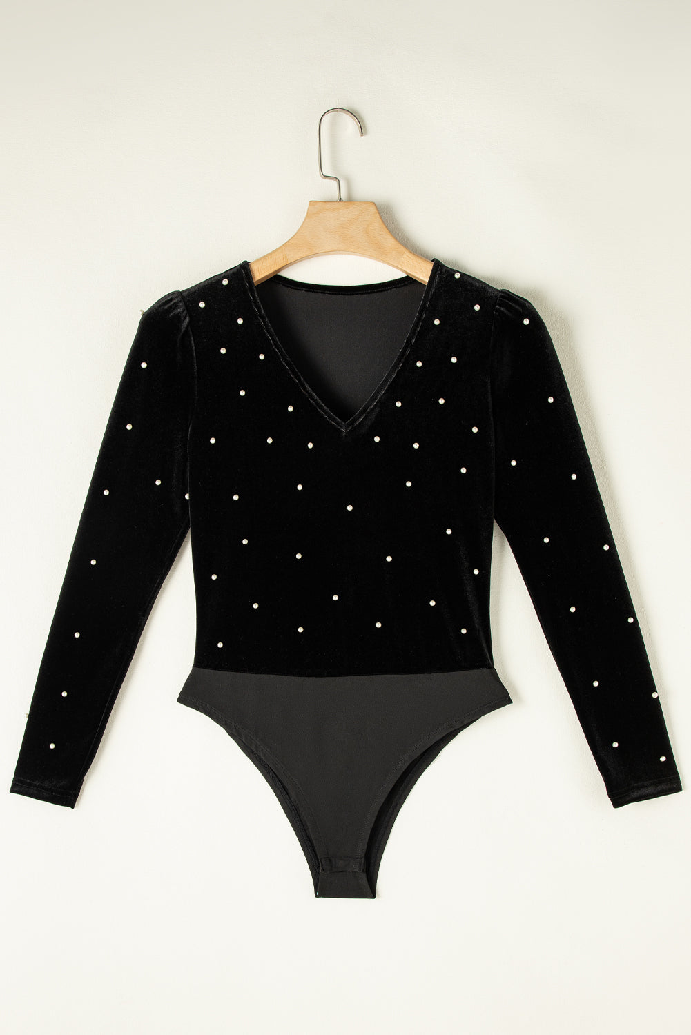 Black Velvet Beaded Long Sleeve V Neck Bodysuit Bodysuits JT's Designer Fashion