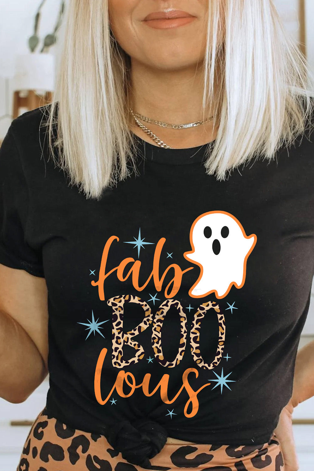 Black Fab Boo Lous Ghost Print Short Sleeve Graphic Tee Graphic Tees JT's Designer Fashion