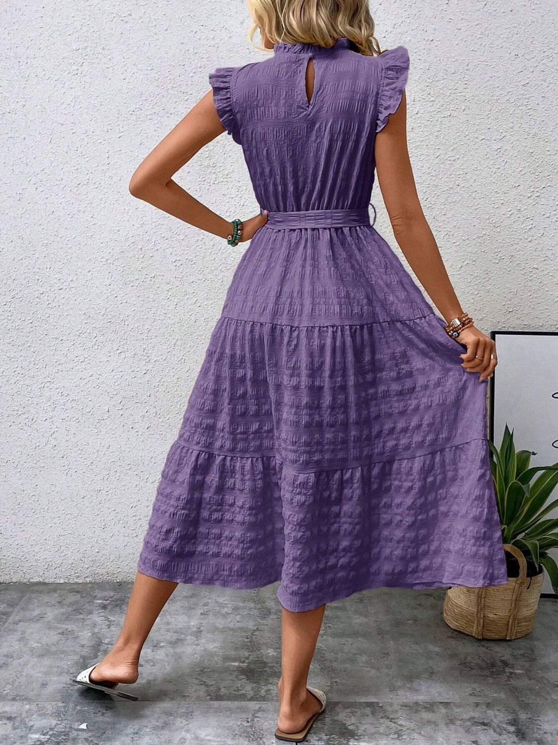 Tied Ruffled Cap Sleeve Midi Dress Midi Dresses JT's Designer Fashion