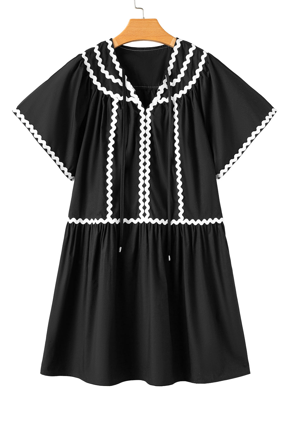 Black Contrast Ricrac Trim Short Sleeve V Neck Loose Mini Dress Mini Dresses JT's Designer Fashion