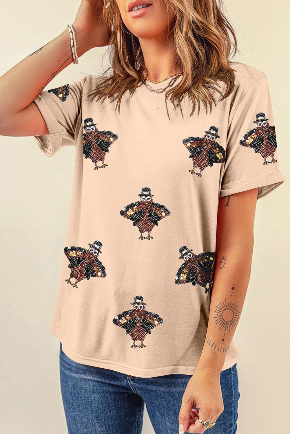 Khaki Sequined Turkey Patched Pattern Crewneck Thanksgiving T Shirt Graphic Tees JT's Designer Fashion