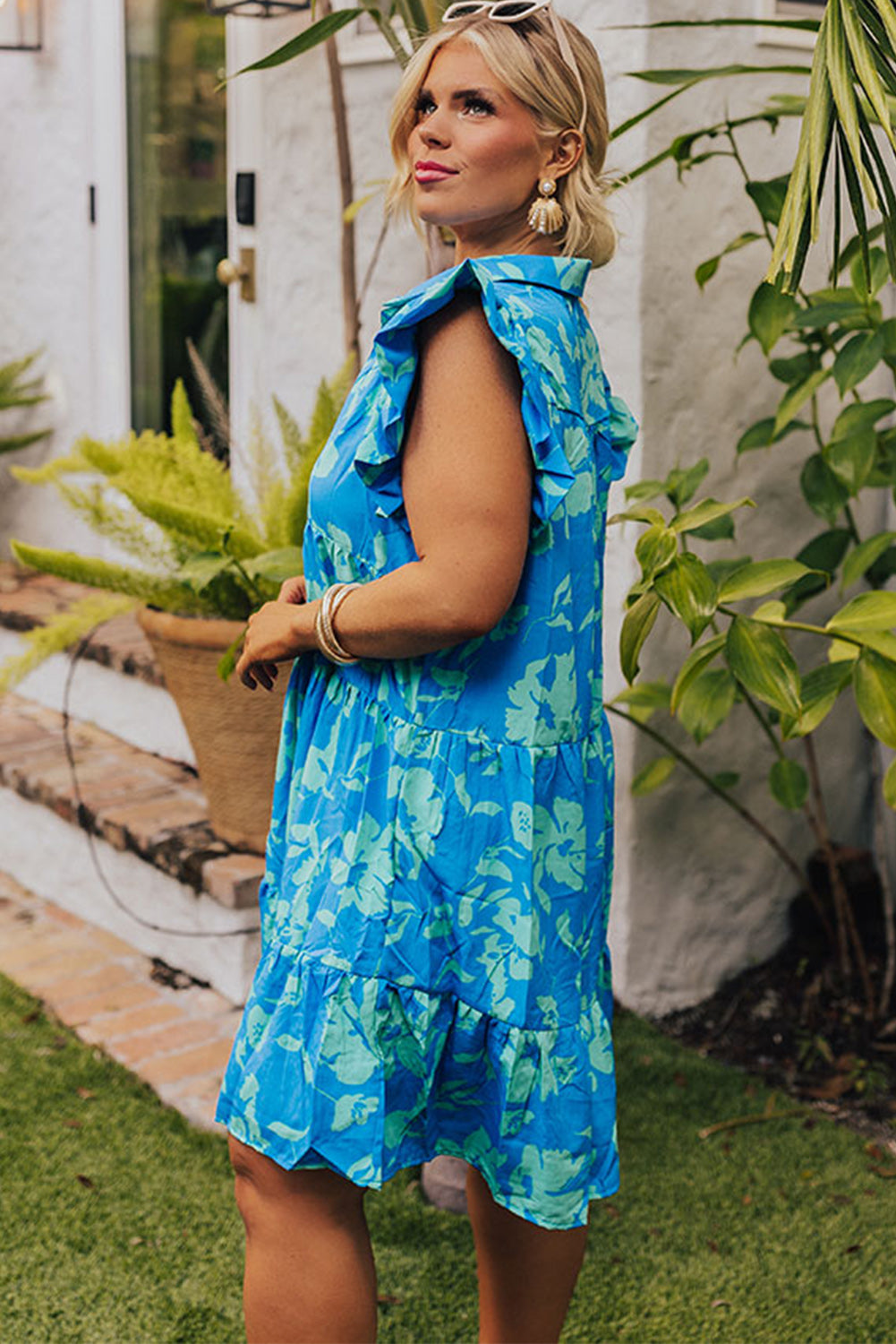 Sky Blue Floral Flutter Sleeve Collared Plus Size Mini Dress Plus Size JT's Designer Fashion