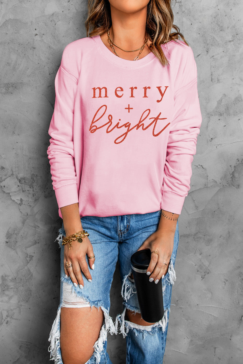 Pink Merry Bright Glitter Pattern Print Crew Neck Sweatshirt Graphic Sweatshirts JT's Designer Fashion