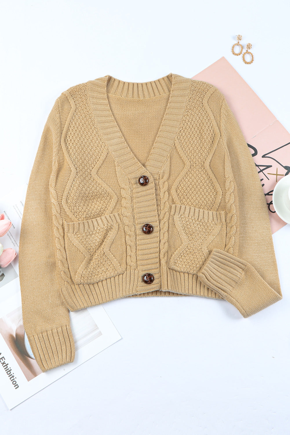 Beige Front Pockets Buttons Textured Cardigan Sweaters & Cardigans JT's Designer Fashion