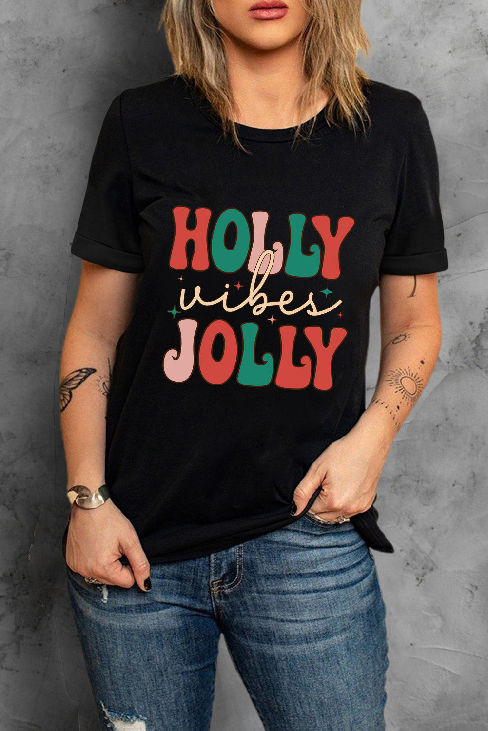 Black HOLLY JOLLY Vibes Christmas Crew Neck T Shirt Graphic Tees JT's Designer Fashion