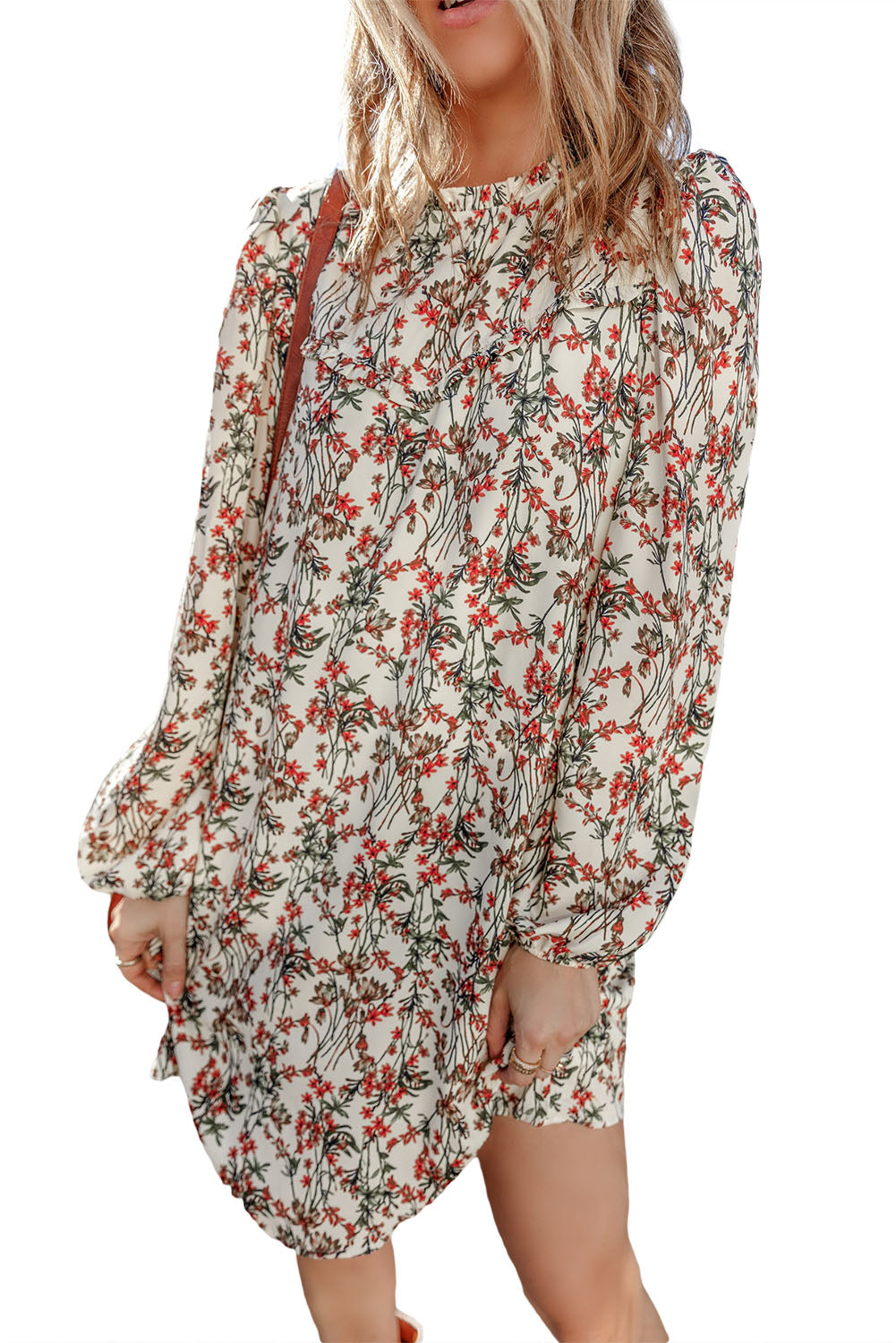 White Floral Printed Long Sleeve Mini Dress Floral Dresses JT's Designer Fashion