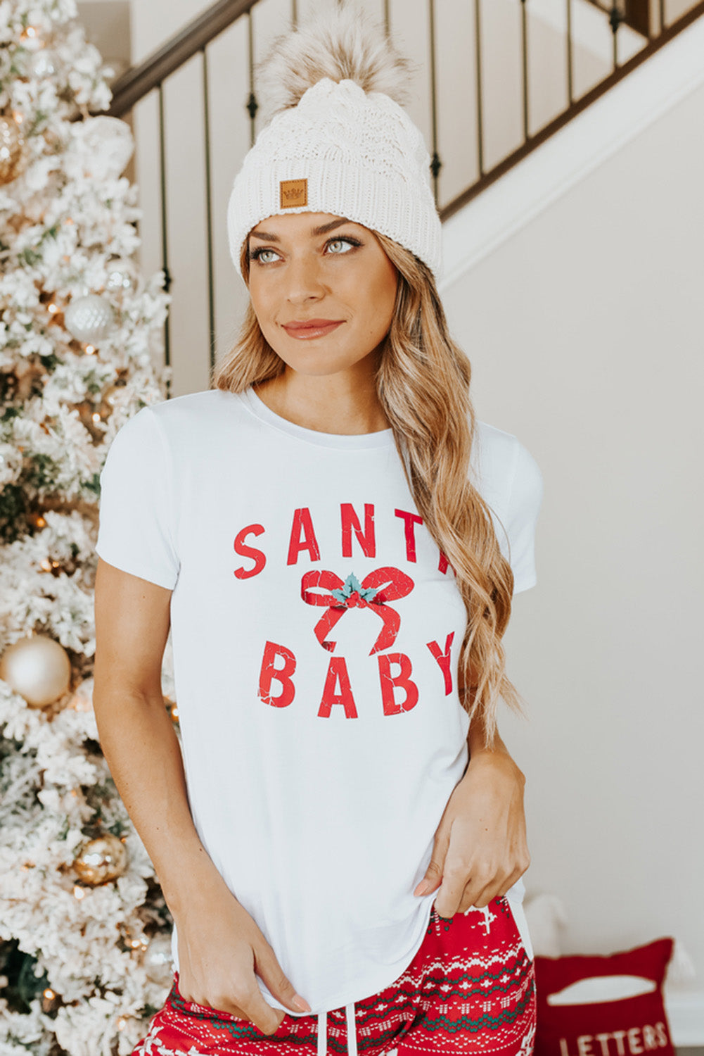 White SANTA BABY Gift Bow Graphic Tee Graphic Tees JT's Designer Fashion