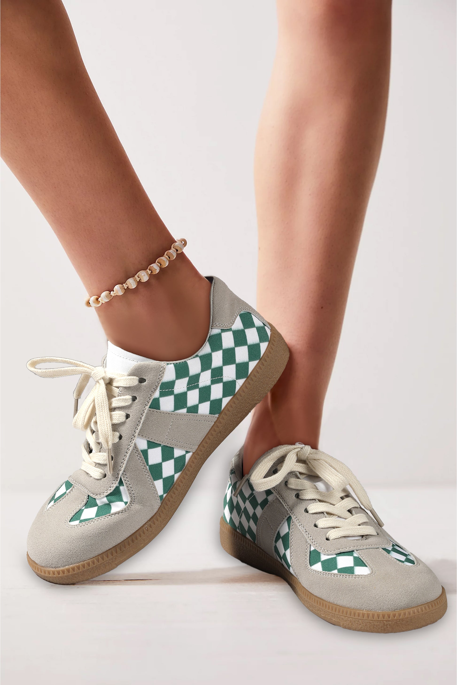 Sea Green Checkered Leather Lace-up Flat Shoes Women's Shoes JT's Designer Fashion