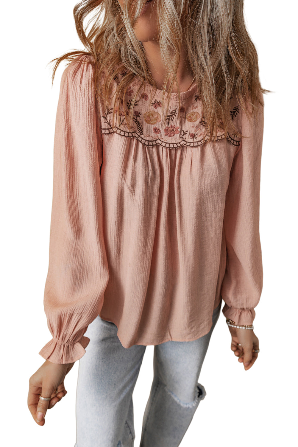 Gossamer Pink Floral Embroidered Textured Flounce Sleeve Elegant Blouse Blouses & Shirts JT's Designer Fashion