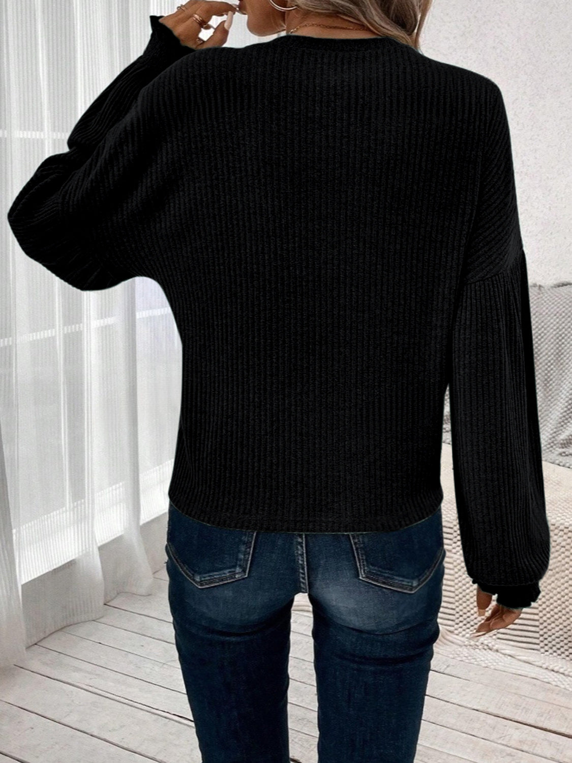 Ribbed Round Neck Lantern Sleeve T-Shirt Long Sleeve Tops JT's Designer Fashion