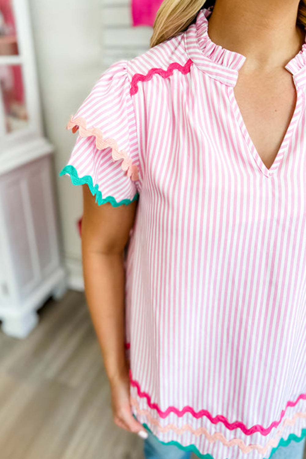 Pink Stripe Ricrac Trim Split Neck Ruffled Sleeve Top Tops & Tees JT's Designer Fashion