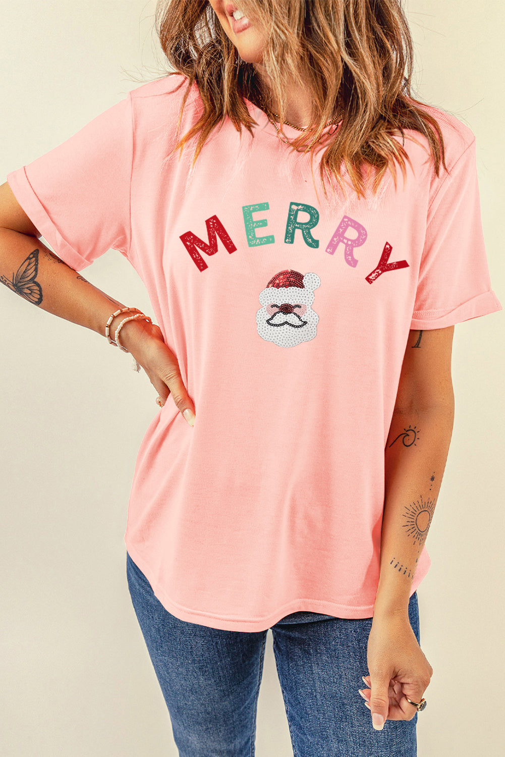 Pink Sequin MERRY Santa Clause Graphic T Shirt Graphic Tees JT's Designer Fashion