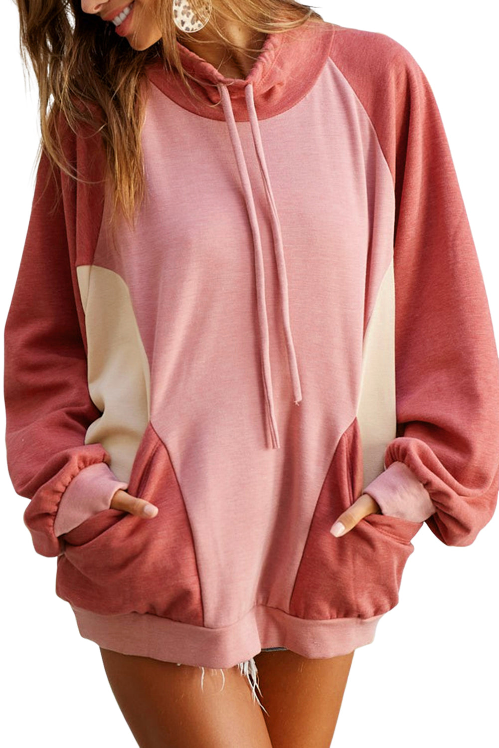 Pink Drawstring Pullover Pocketed Colorblock Sweatshirt Sweatshirts & Hoodies JT's Designer Fashion