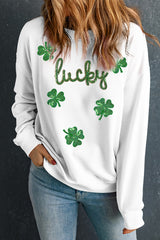 White lucky Clover Sequin Graphic Drop Shoulder Sweatshirt Graphic Sweatshirts JT's Designer Fashion