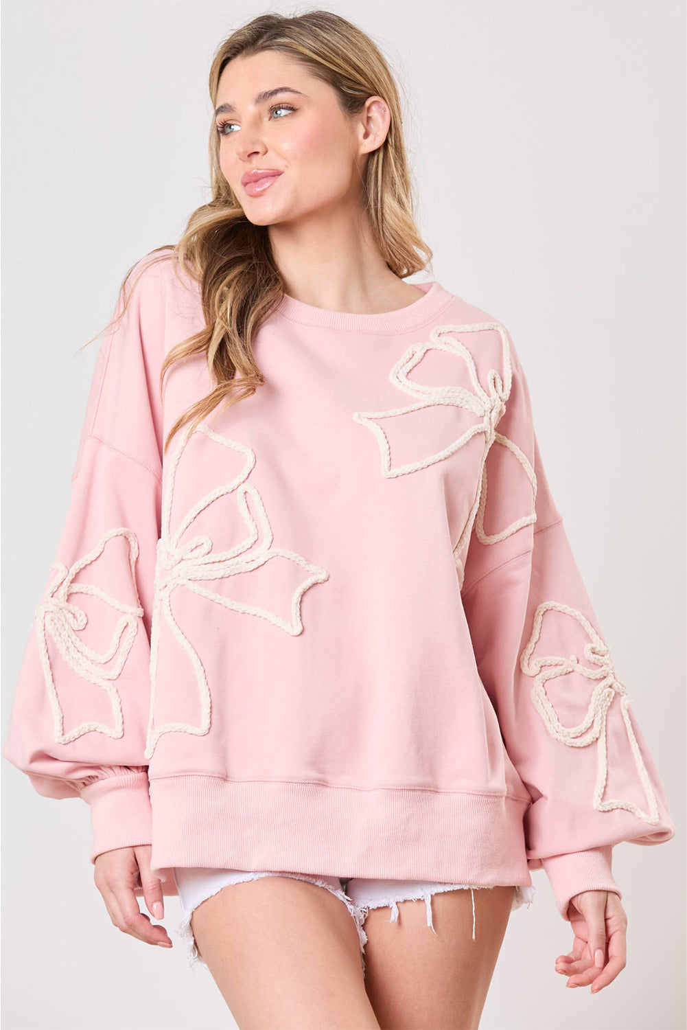 Light Pink Bow Thread Embroidery Ribbed Edge Sweatshirt Sweatshirts & Hoodies JT's Designer Fashion