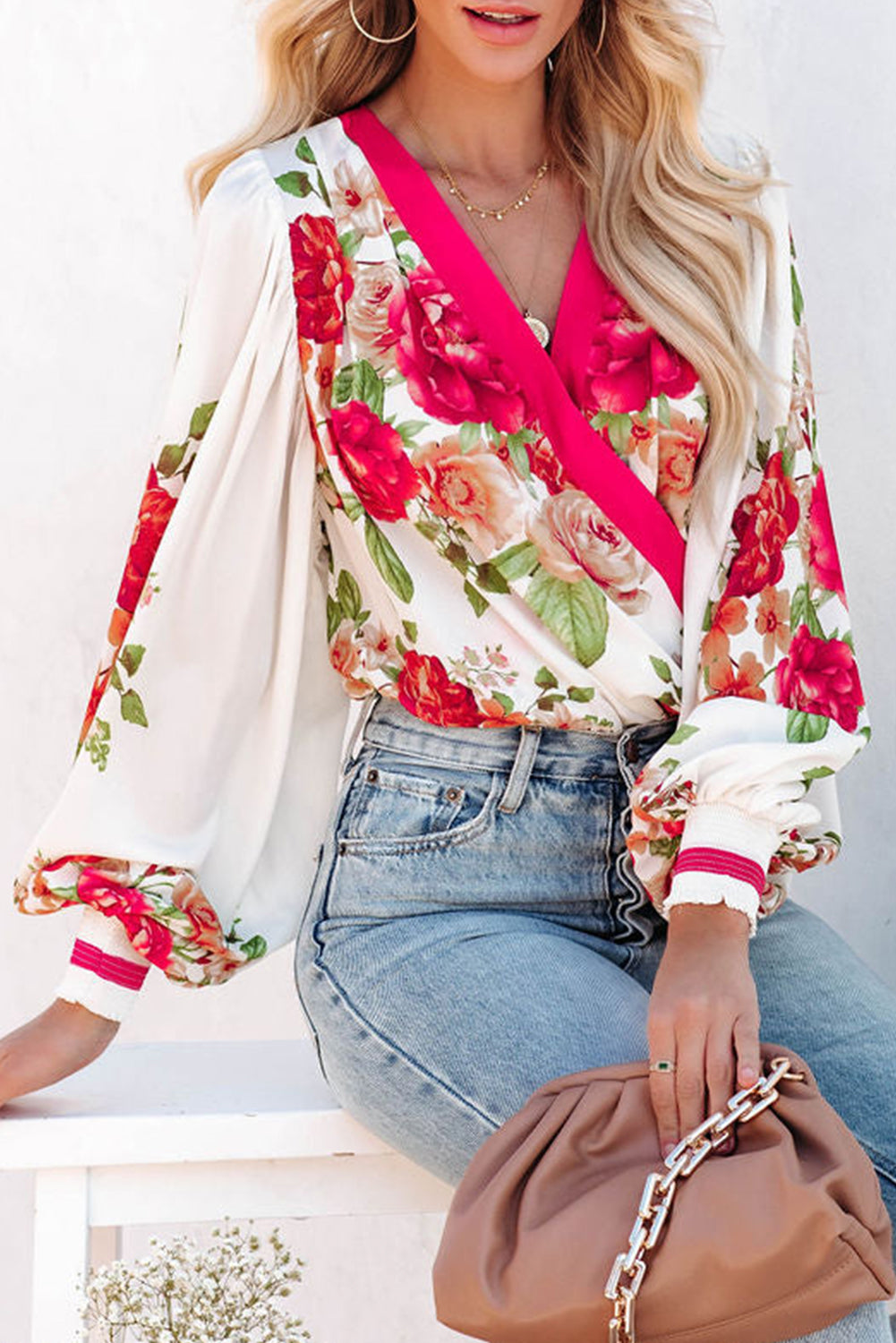 Rose Floral Print V Neck Wrap Bodysuit Bodysuits JT's Designer Fashion