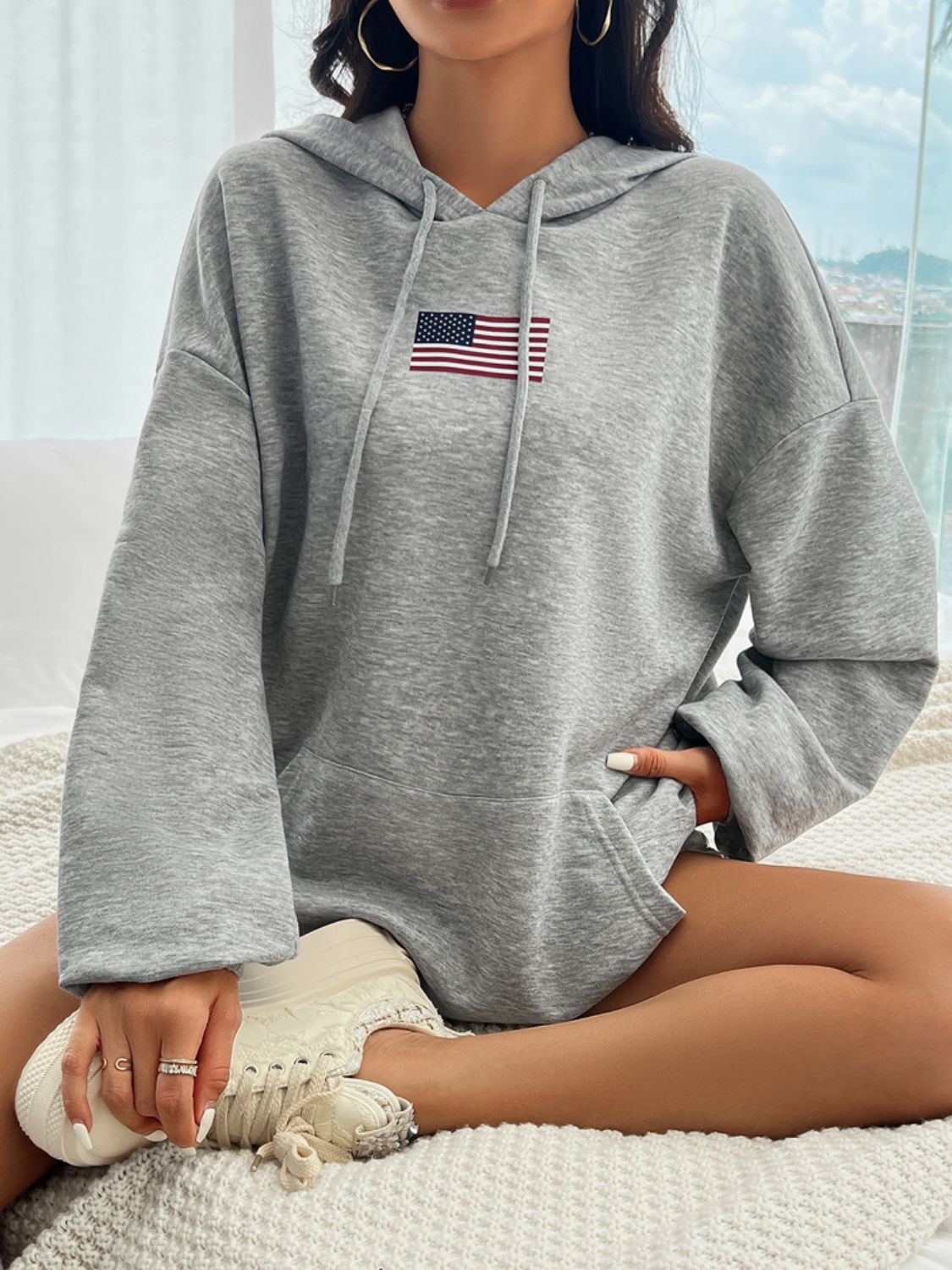 Drawstring US Flag Long Sleeve Hoodie Long Sleeve Tops JT's Designer Fashion