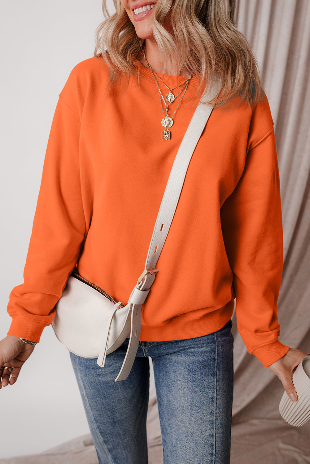 Russet Orange Solid Fleece Lined Drop Shoulder Terry Sweatshirt Sweatshirts & Hoodies JT's Designer Fashion