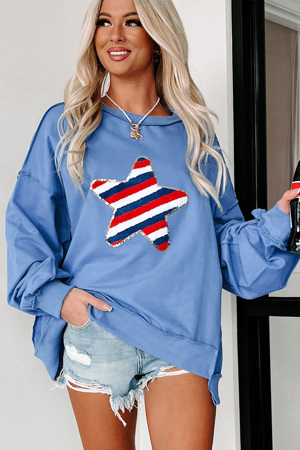 Sky Blue Sequin Trim Embroidered Star USA Pattern Sweatshirt Sweatshirts & Hoodies JT's Designer Fashion