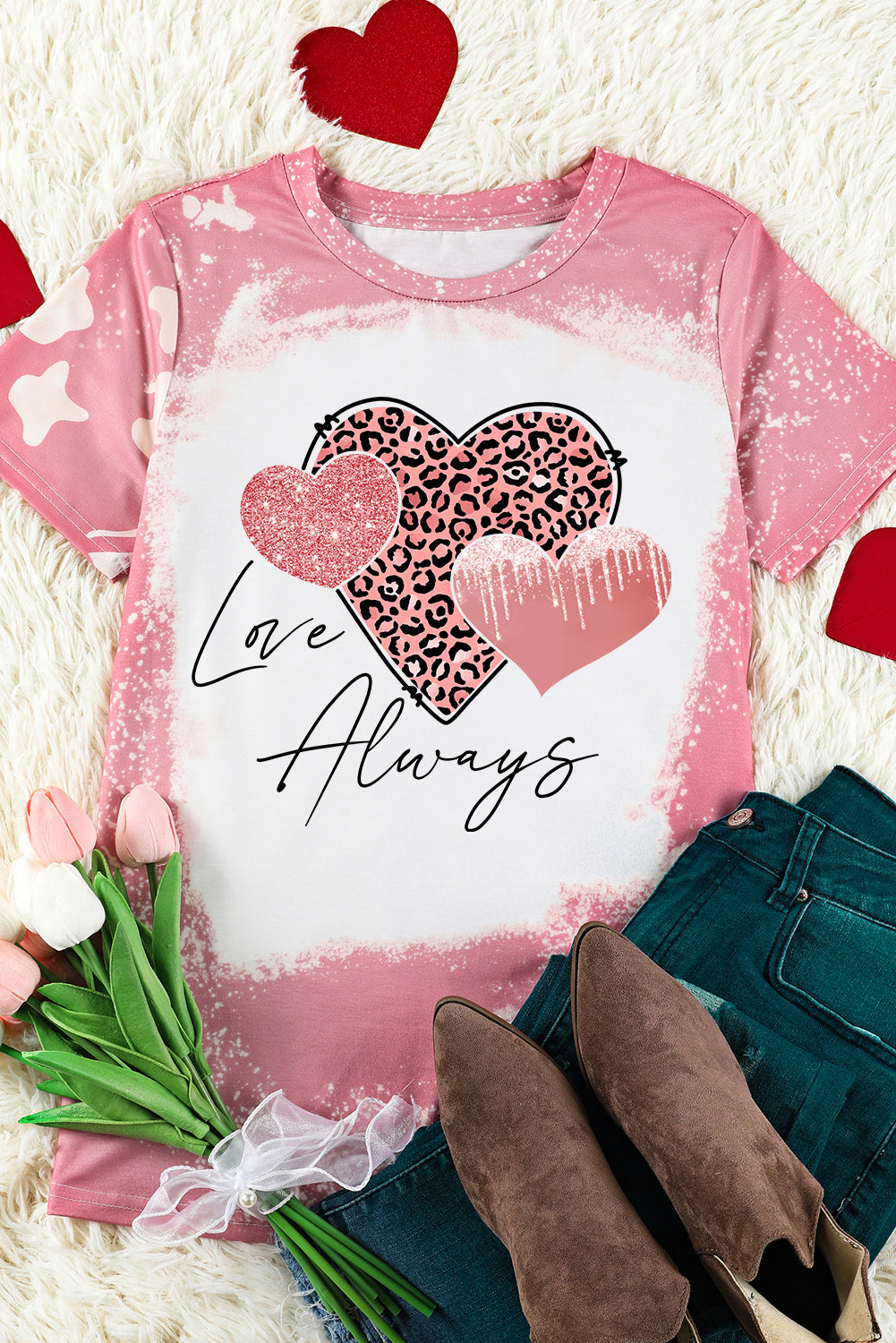 Pink Love Always Heart Leopard Bleached Graphic T Shirt Graphic Tees JT's Designer Fashion