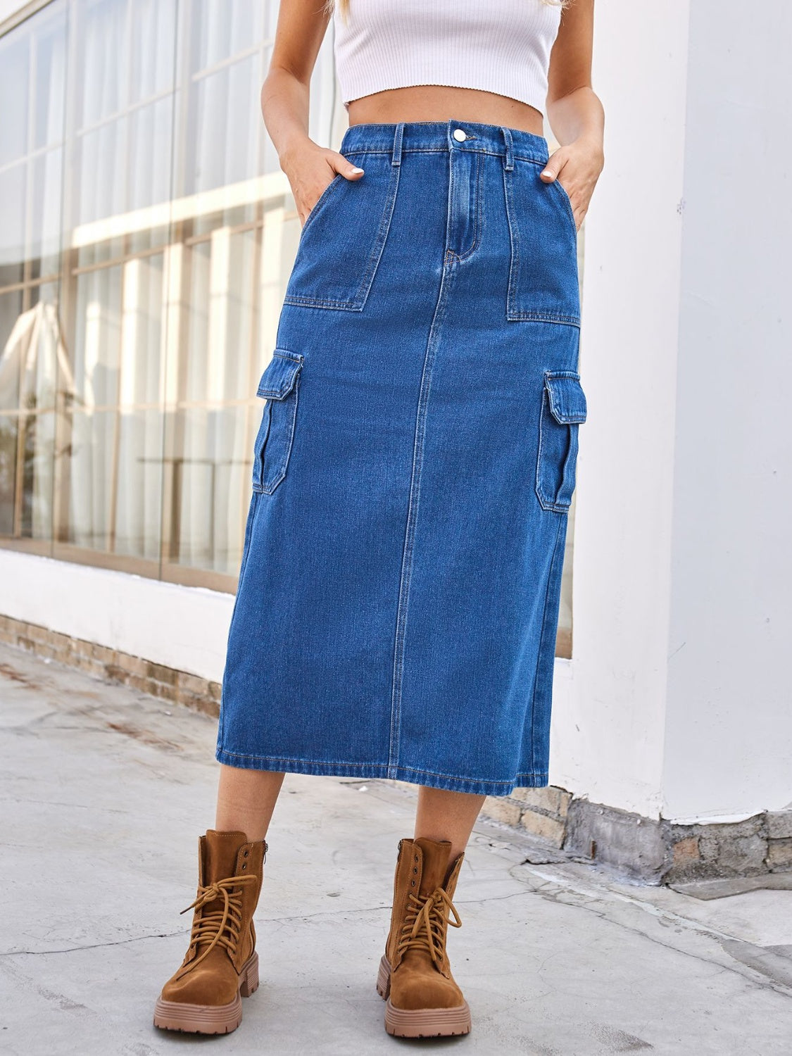 Slit Midi Denim Skirt with Pockets JT's Designer Fashion